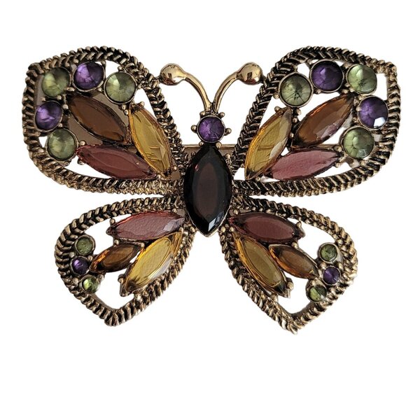 Monet Gold Tone Rhinestone Butterfly Pin Brooch, Signed - Picture 2 of 6